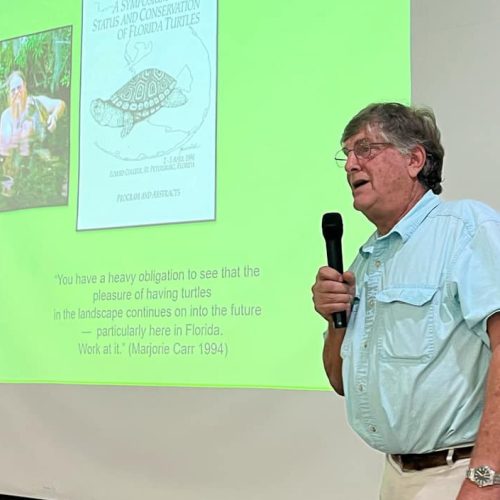 Man in glasses speaks into microphone in front of screen showing a photo of turtle researcher