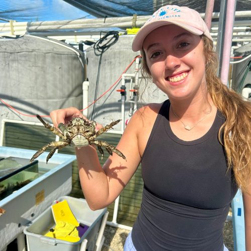 Student holds up a crab