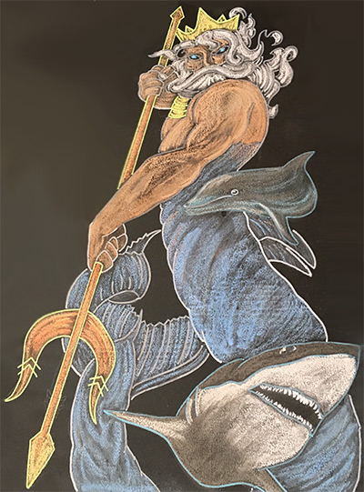 Chalk drawing of mythological character with long hair, fish tail and trident
